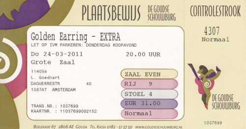 Unused Golden Earring show ticket for postponed show Gouda - Goudse Schouwburg March 24, 2011